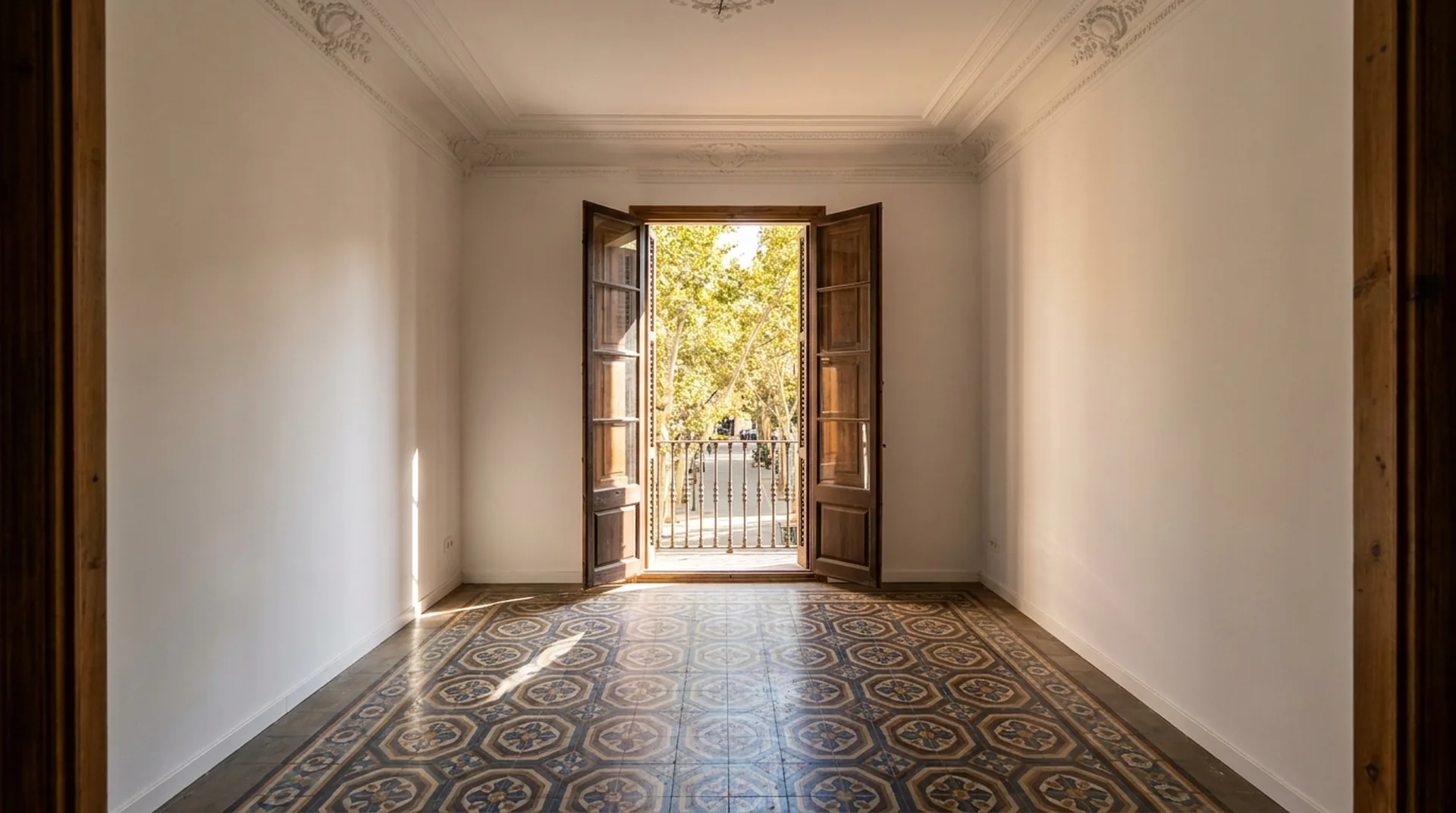 Piso reformado en el Ensanche de Valencia con techos altos y suelo hidráulico restaurado