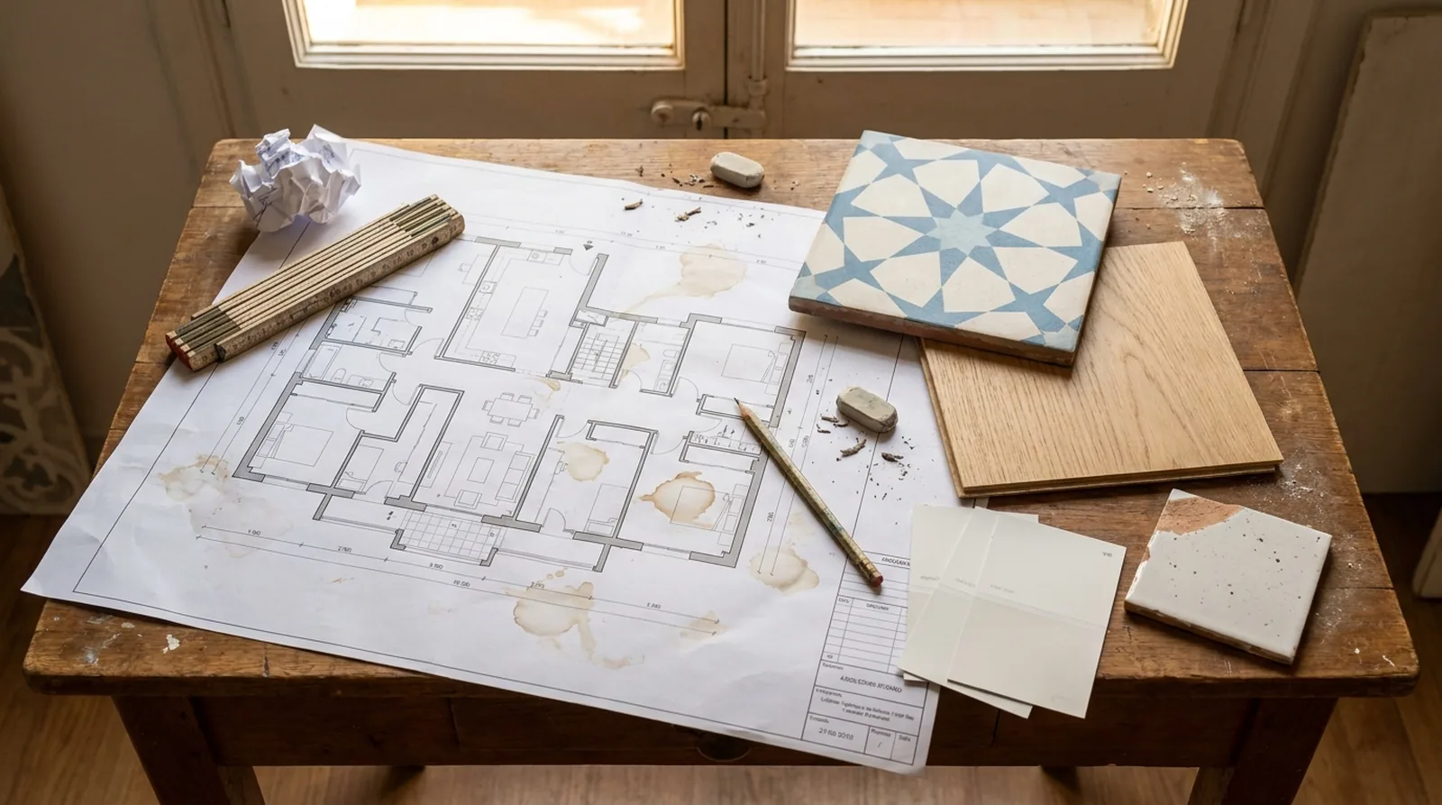 Plano de una vivienda con muestras de baldosa hidráulica, madera y pintura sobre la mesa